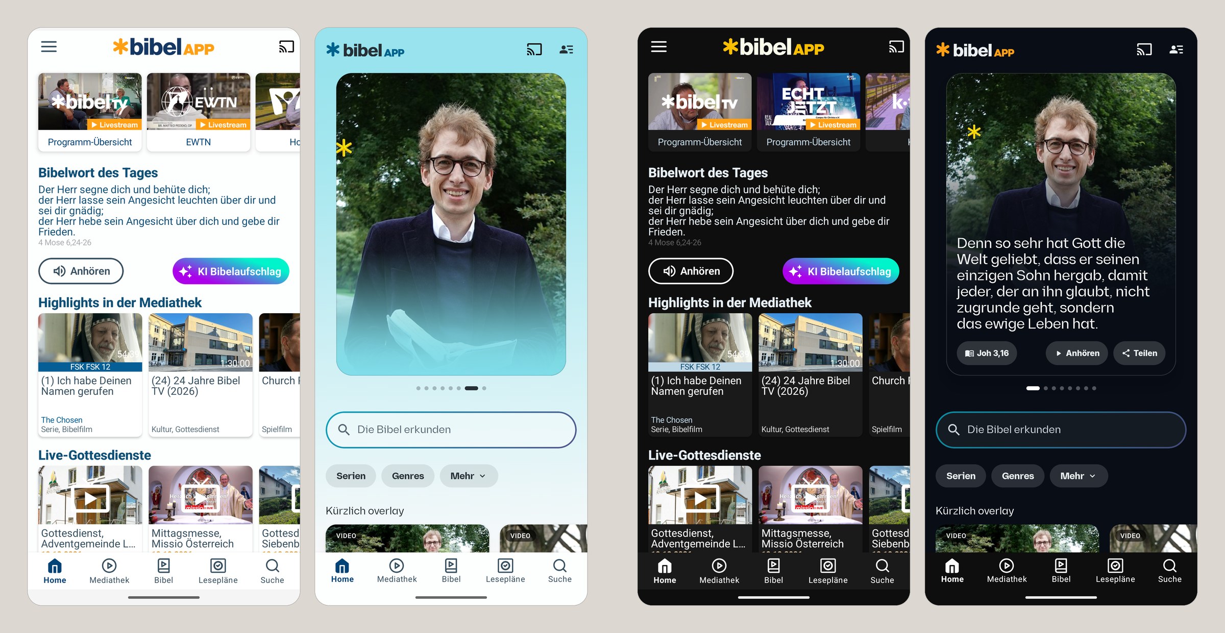 Four Home screens. Light pair: version 5.12 with blue text, a verse of the day, a gradient AI button and thumbnail rails, then 6.0 with a full-width hero and a page tinted aqua from it. Dark pair: the same two apps in dark mode.