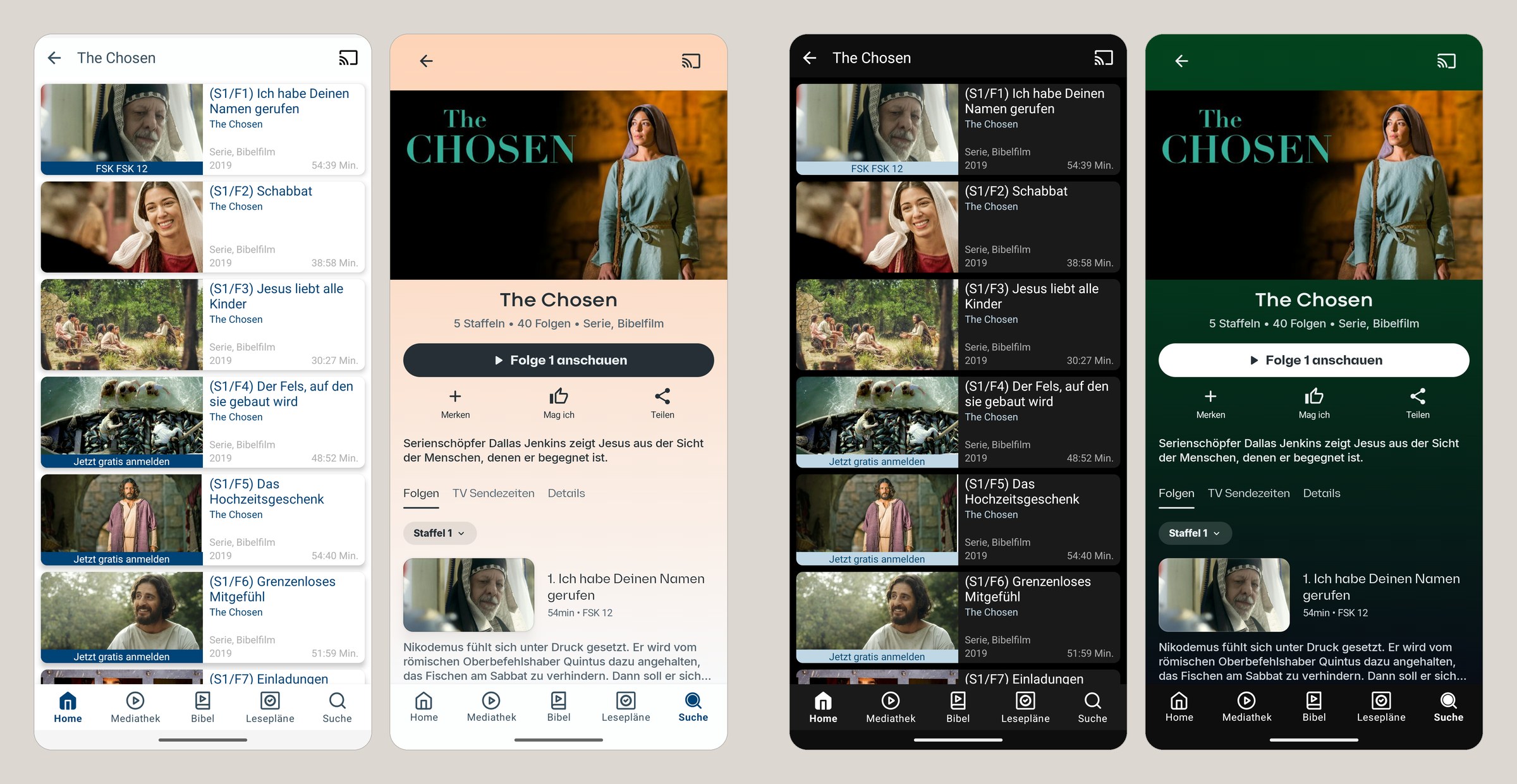 The Chosen's series page in four screens. Version 5.12 shows a plain episode list in light and dark. Version 6.0 shows header artwork, a play button, tabs and episodes on a page tinted peach in light mode and deep green in dark.