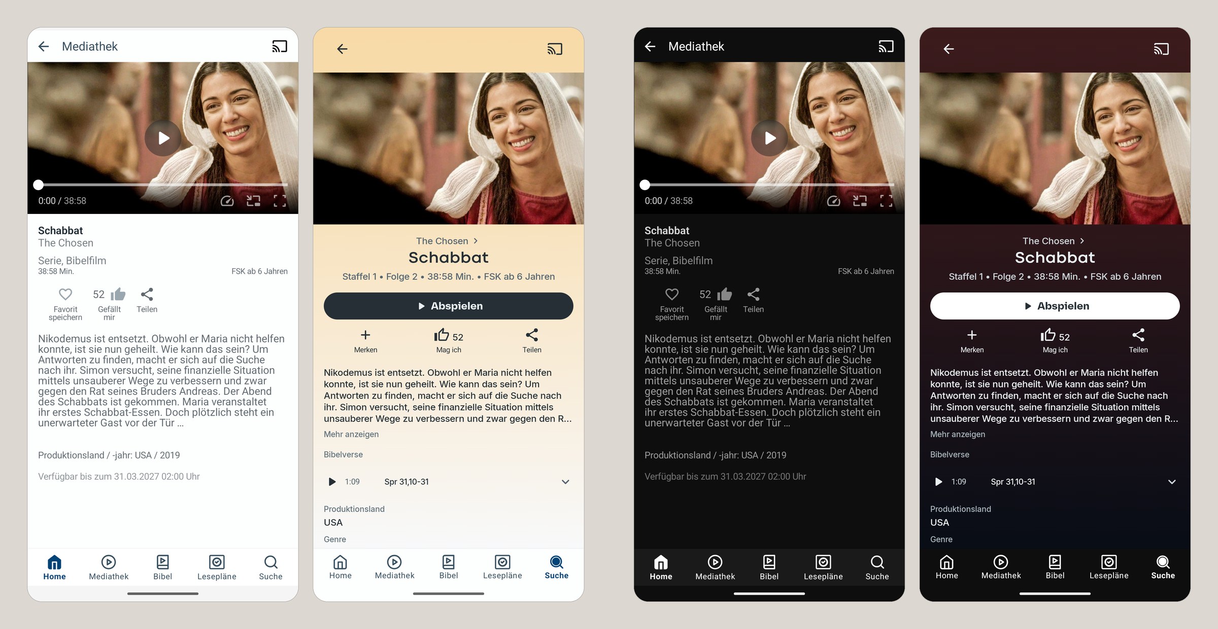 An episode page of The Chosen in four screens. Version 5.12: player, metadata and description in light and dark. Version 6.0: a header image, a play button, a tinted page and a Bible verses section.