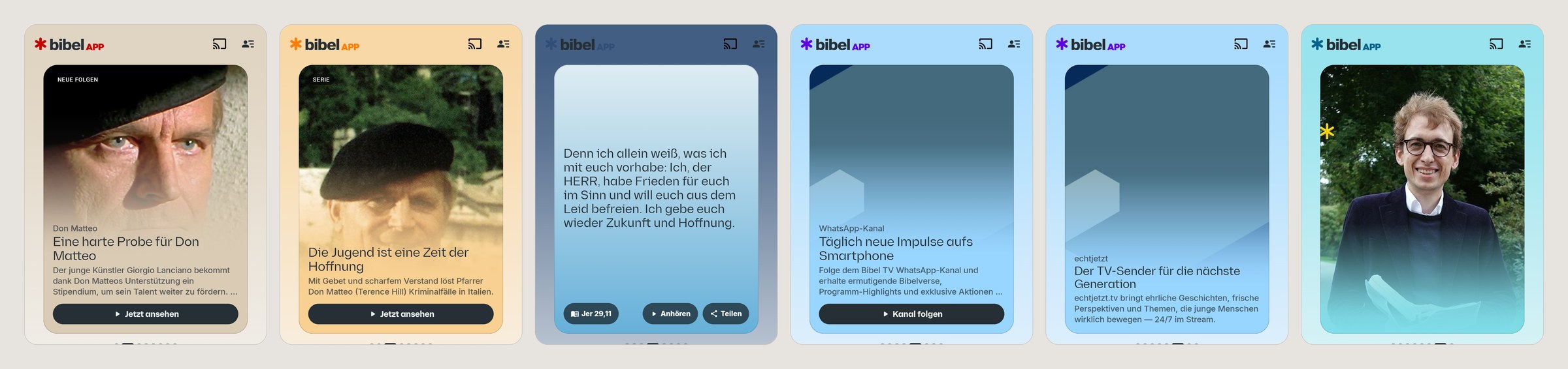 Six captures of the 6.0 Home, one per hero: the page background, card and logo asterisk change color with each artwork — beige, peach, slate blue, two light blues and aqua.