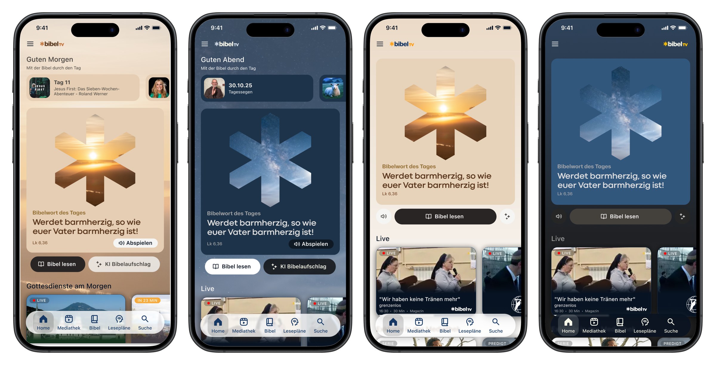 Four phone screens of the redesigned Bibel TV Home, October 2025 concepts: a warm light 'Guten Morgen' screen beside its dark 'Guten Abend' counterpart, then the verse-of-the-day card in light and in dark.