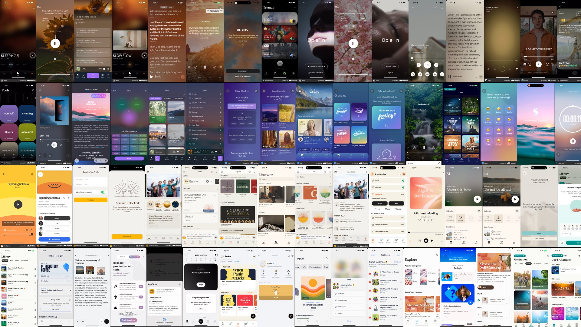 A grid of mindfulness and meditation app screens: calm photography, warm gradients, sparse layouts.