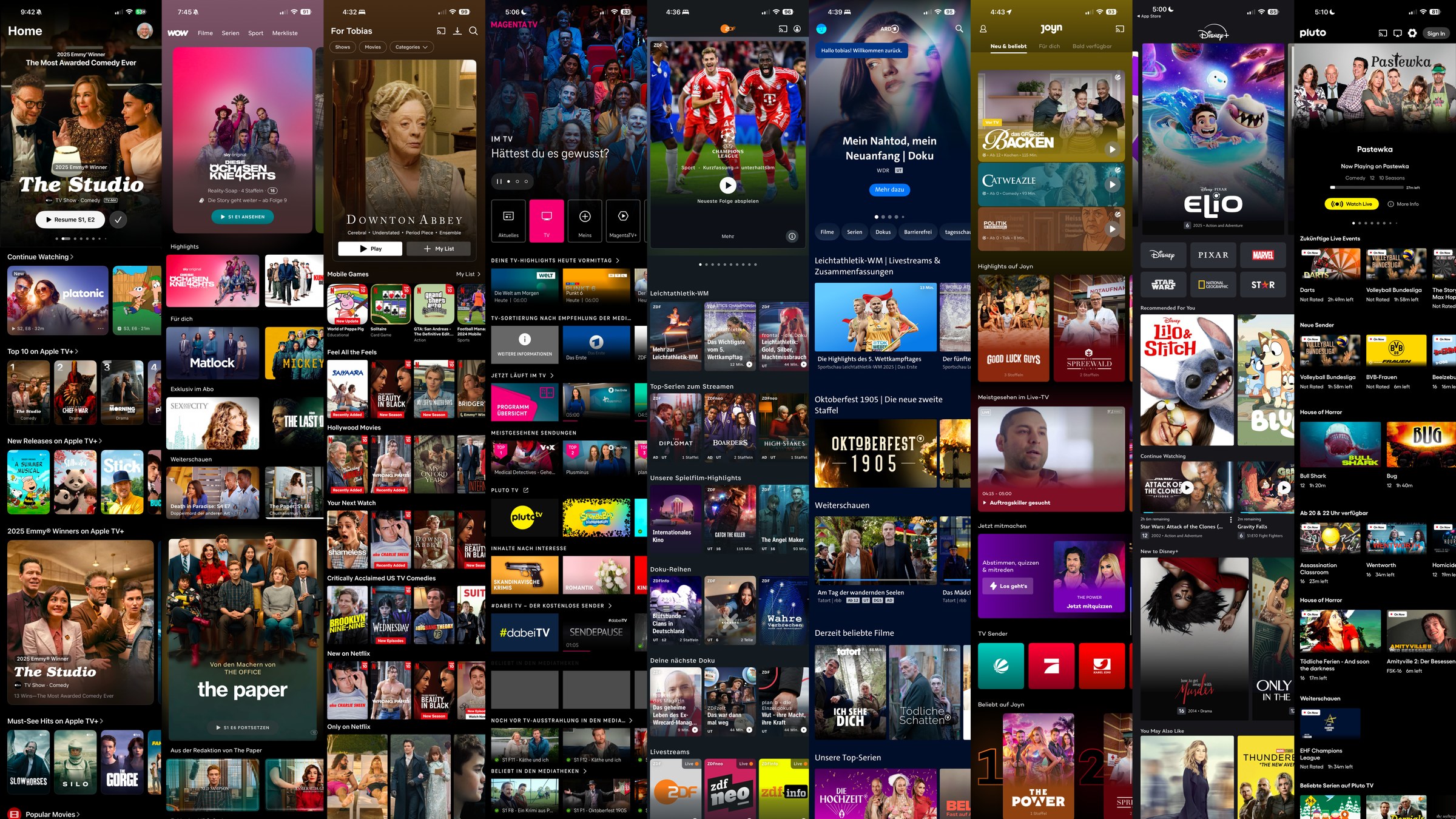 A wall of streaming-app screens (WOW, Joyn, ZDF, Disney+, Pluto TV and others), every one on a black or near-black background.