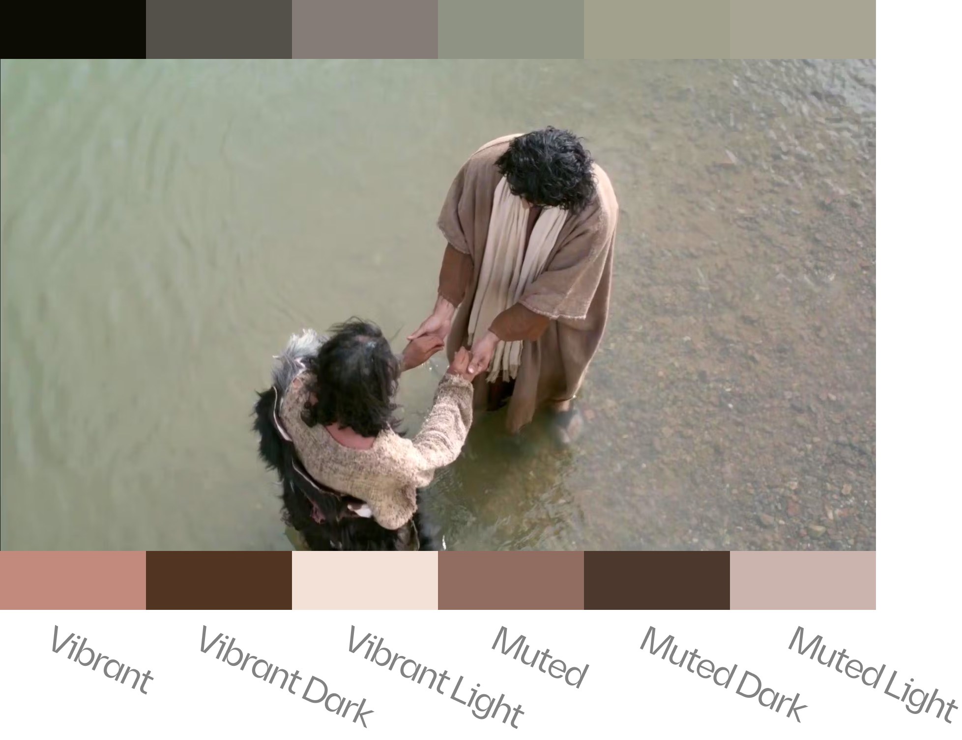 A Bibel TV still with two rows of extracted color swatches above and below it, labeled Vibrant, Vibrant Dark, Vibrant Light, Muted, Muted Dark and Muted Light.