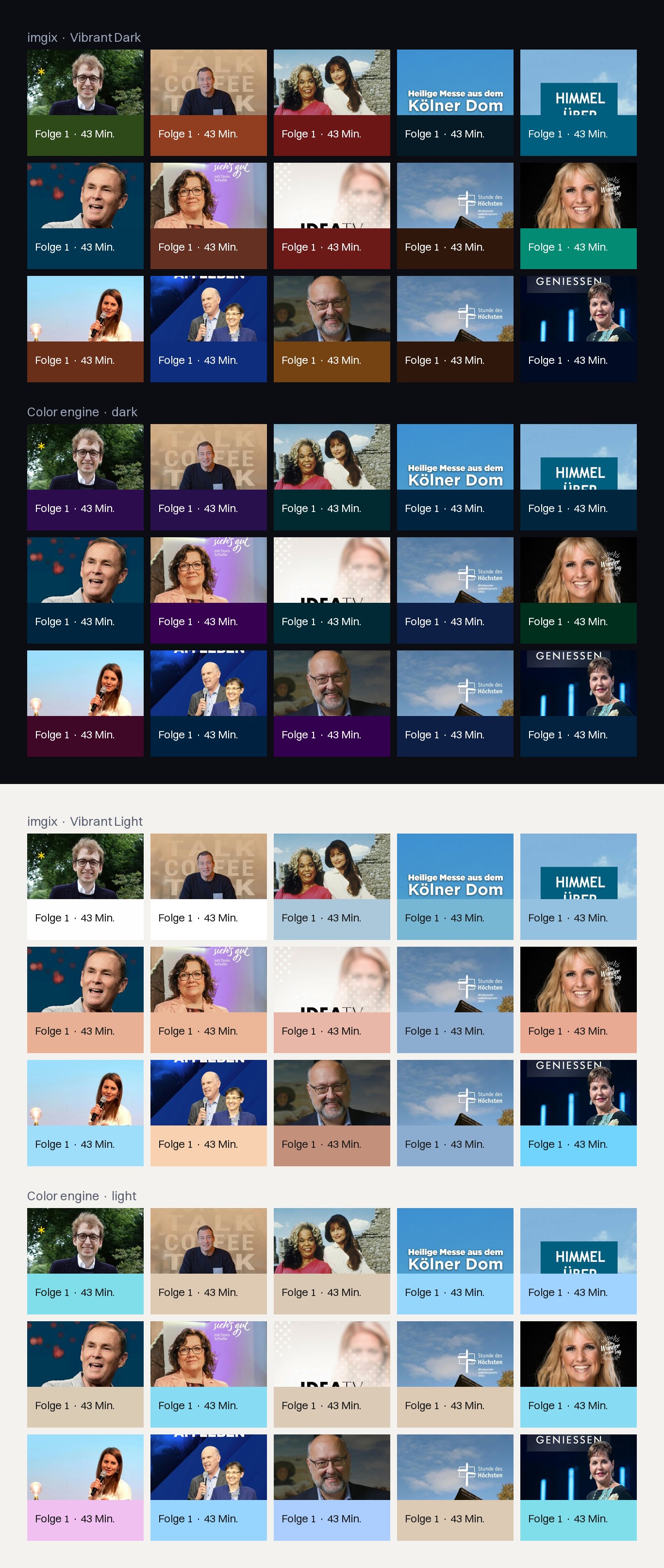 Fifteen Bibel TV series artworks shown four times as content cards. On dark: imgix's Vibrant Dark panels range from near-black to bright green and rust; the color engine's panels sit at one even depth in purples, teals and navy. On light: imgix's Vibrant Light panels range from mid-tone peach and blue to plain white; the engine's are all the same soft lightness, mostly beige and pale blue.