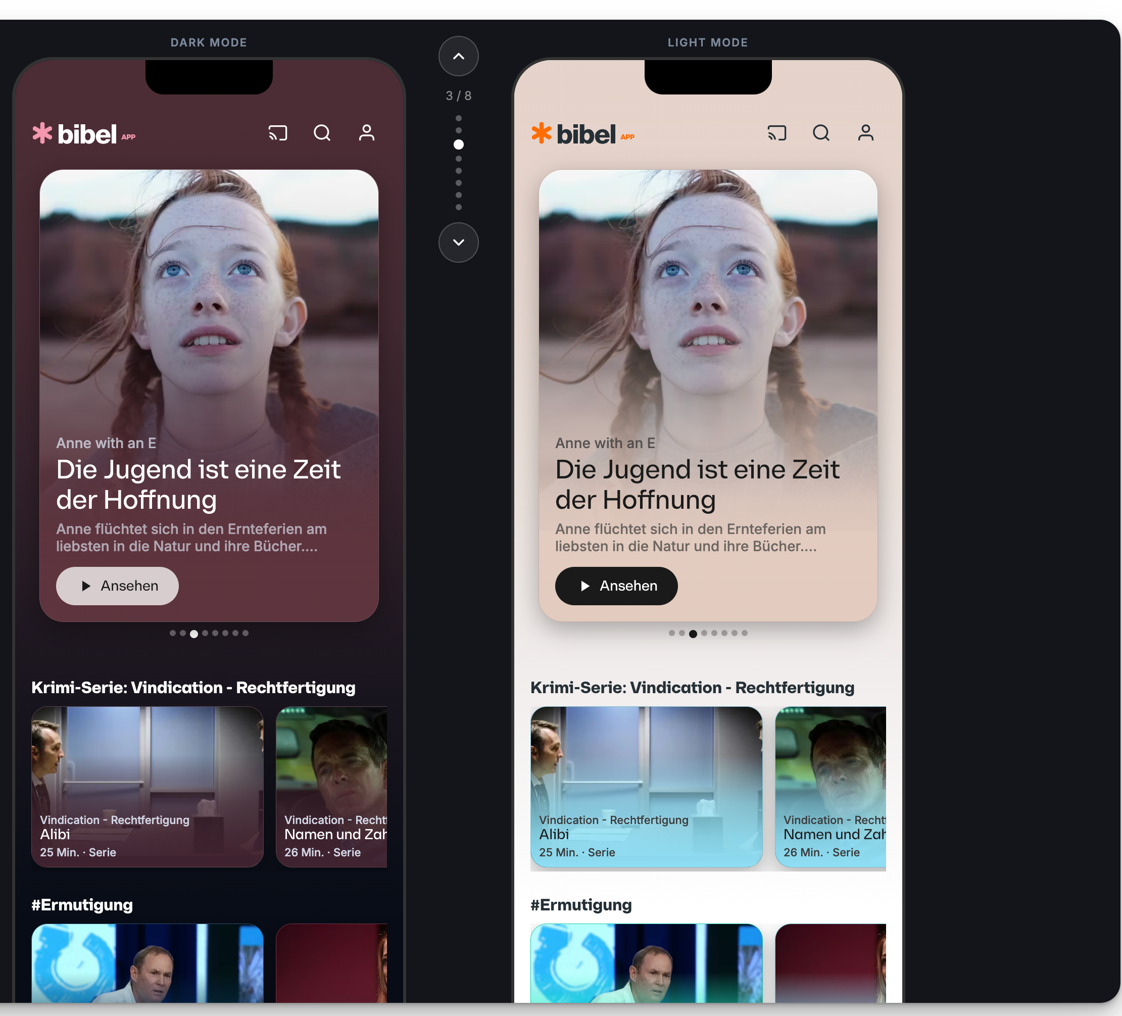 The same Color Lab preview panel: a Bibel TV content card themed from one extracted palette, shown in dark mode and light mode side by side — both read warm and on-brand rather than generic.