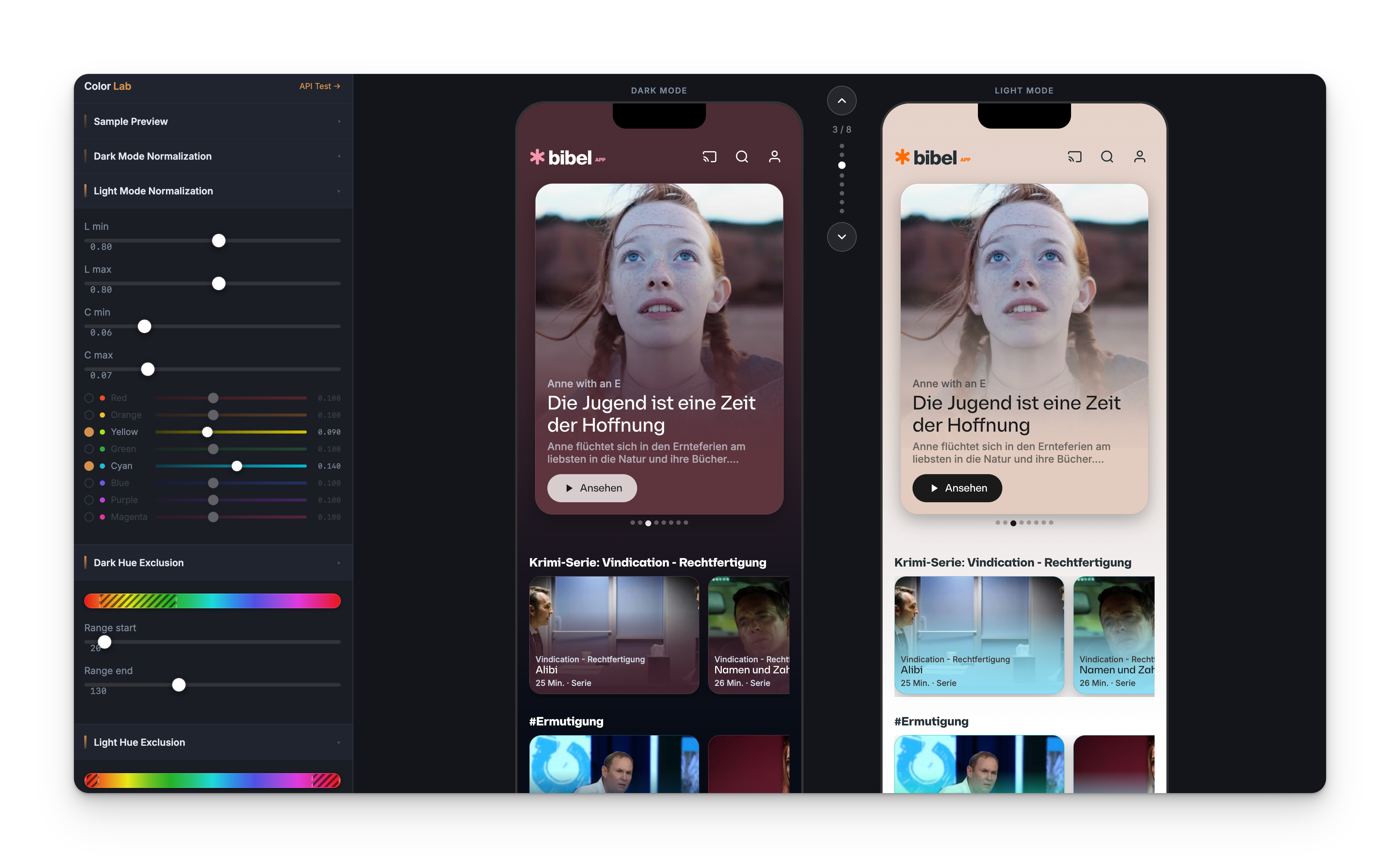 The Color Lab interface: configuration sliders on the left (light- and dark-mode normalization curves, hue-exclusion gradients) and two phone previews of the same Bibel TV content card on the right, one in dark mode, one in light mode, both themed from the same extracted palette