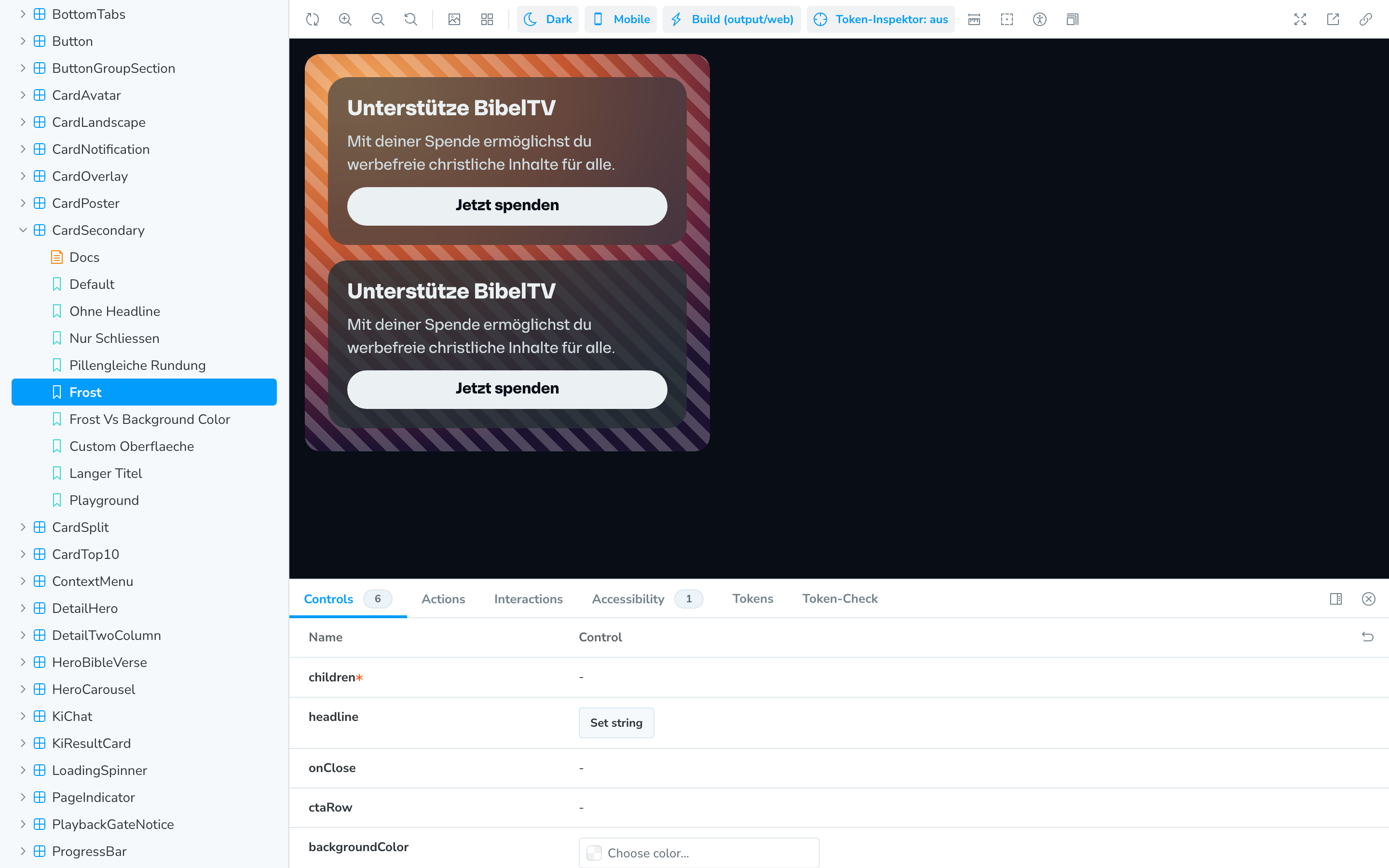 Storybook showing the Bibel TV component library: the component list in the sidebar, theme and device switches in the toolbar, a token inspector, and a frosted-glass card variant rendered against a striped backdrop