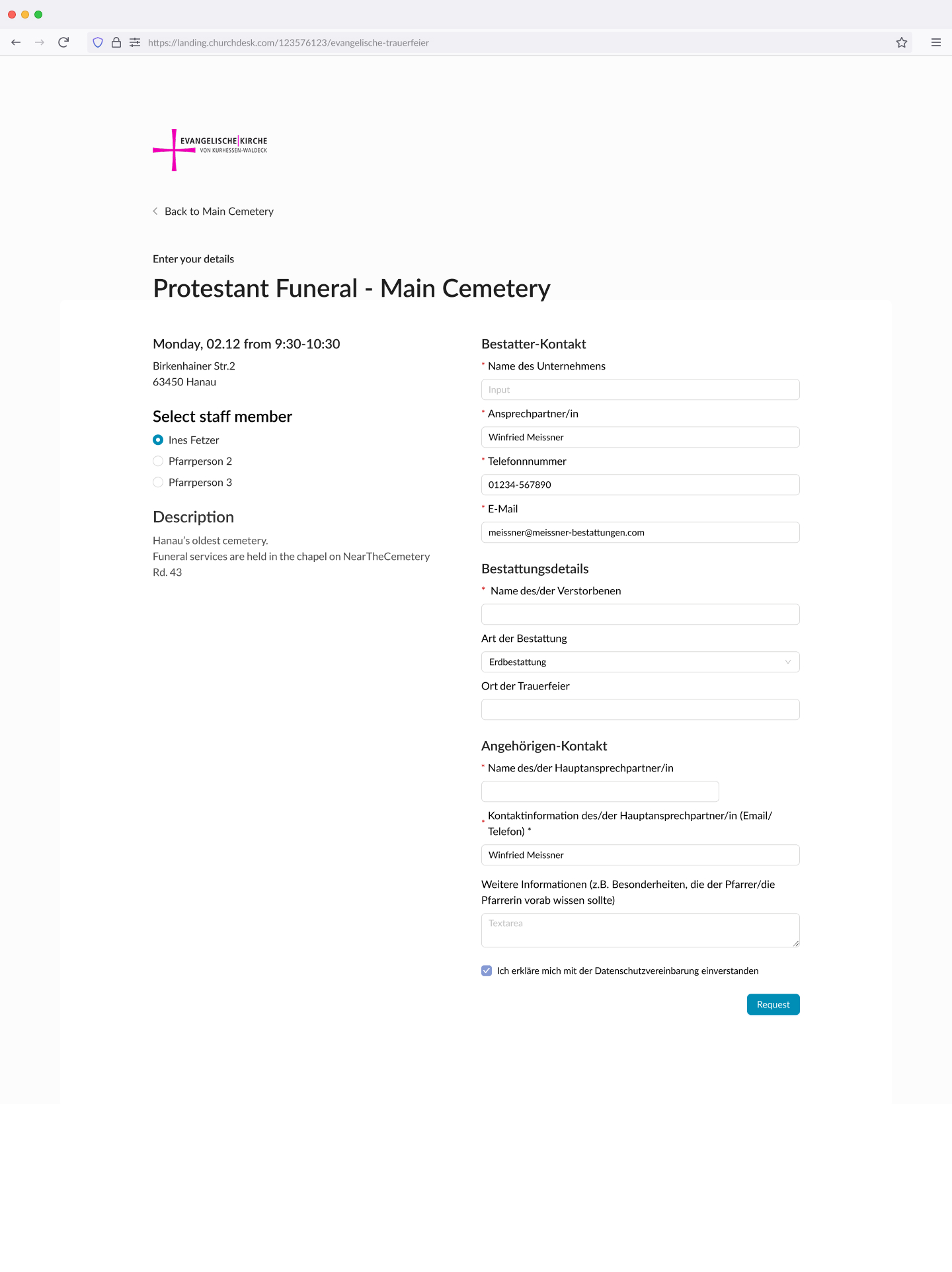 The funeral home's booking-form step: date and time slot at the top, a Select staff member radio list, and a custom form with funeral-domain fields the parish configured itself: Name des/der Verstorbenen, Art der Bestattung (Erdbestattung), Ort der Trauerfeier, Angehörigen-Kontakt