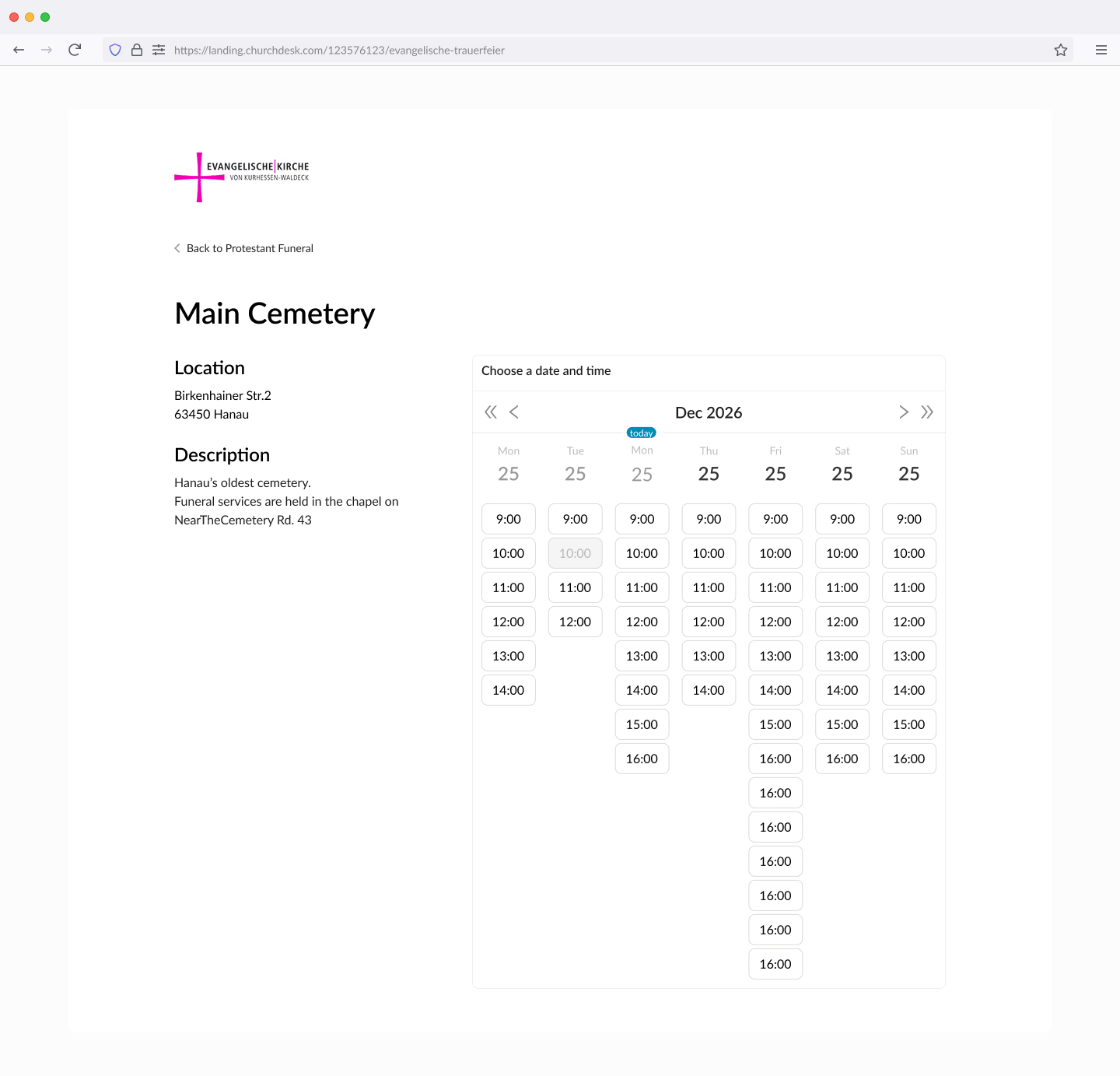 The funeral home's booking screen: a full week of time slots for the Main Cemetery, with only the slots that resolve true against the priest's on-call rota, the cemetery's opening hours, and any standing commitments