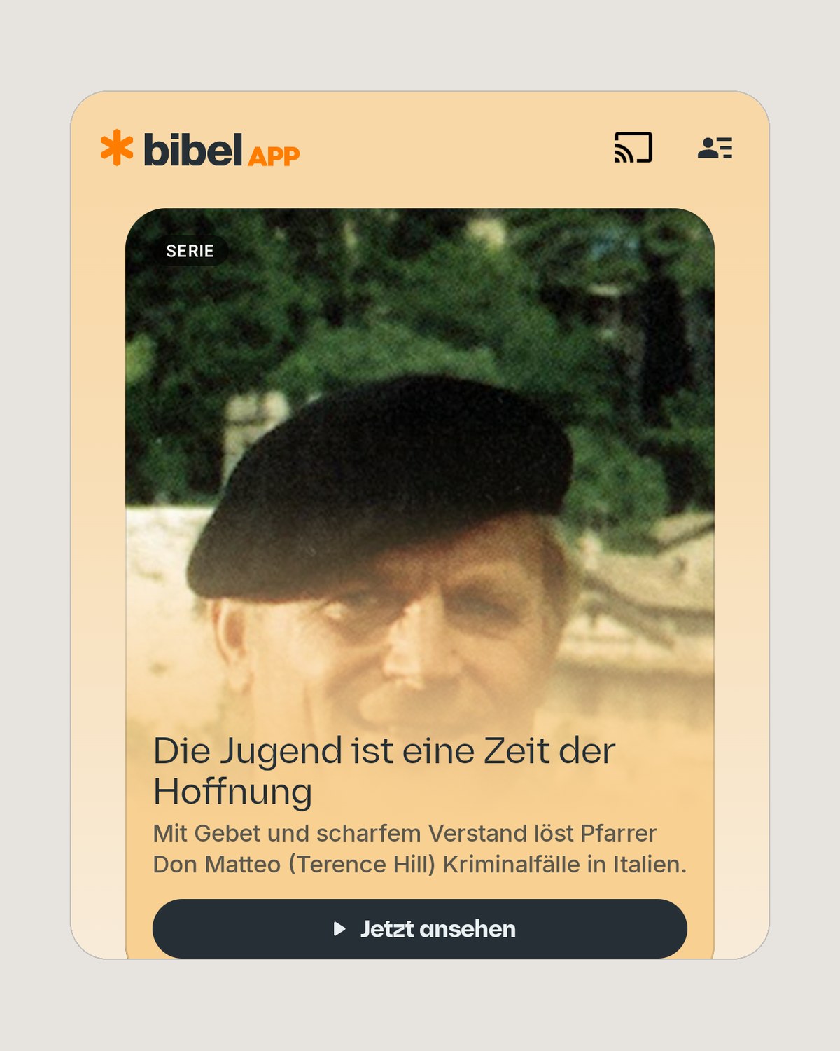 The Bibel TV 6.0 Home in light mode: a hero card for a Don Matteo episode, the page tinted warm peach from its artwork.