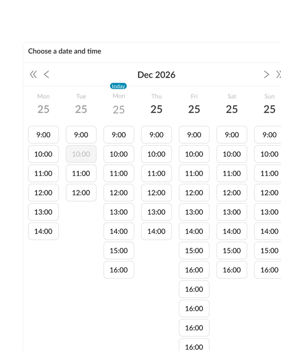 The funeral-home booking view: a week of available time slots for a cemetery in December 2026.