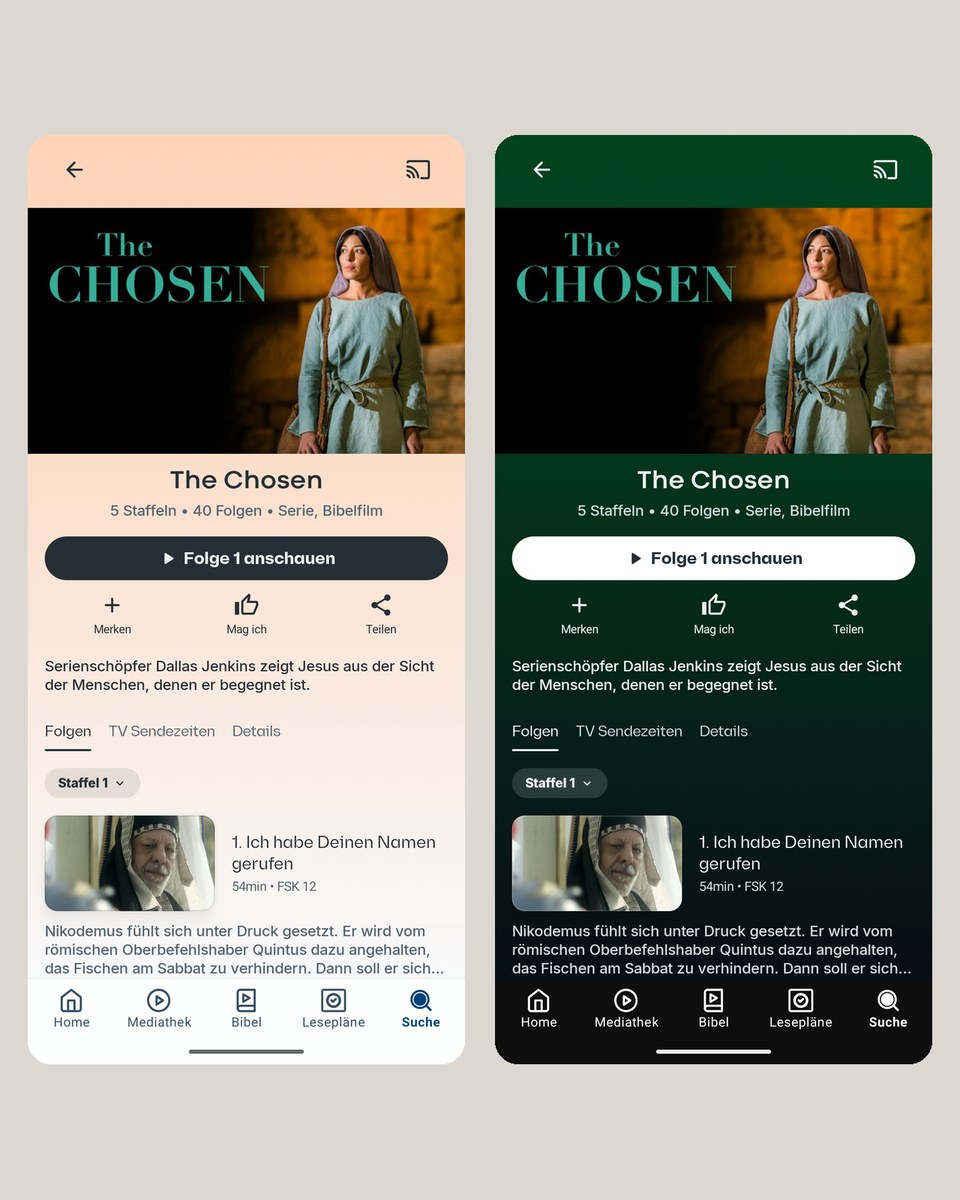The same series page in the Bibel TV 6.0 app, side by side: peach in light mode, deep green in dark, both computed from one artwork.