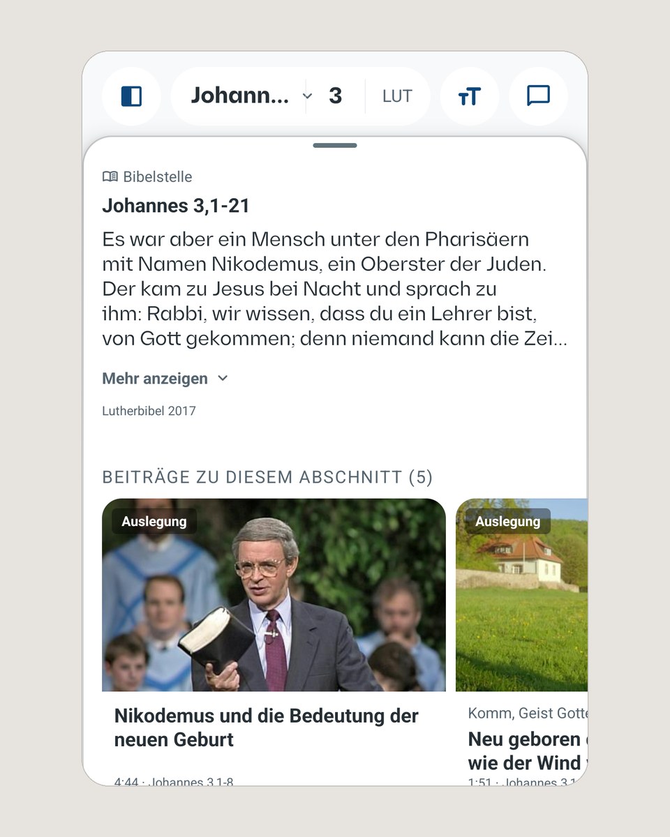 The Bibel erklärt app showing John 3:1-21 with a row of sermon clips under the passage, the first titled 'Nikodemus und die Bedeutung der neuen Geburt'.