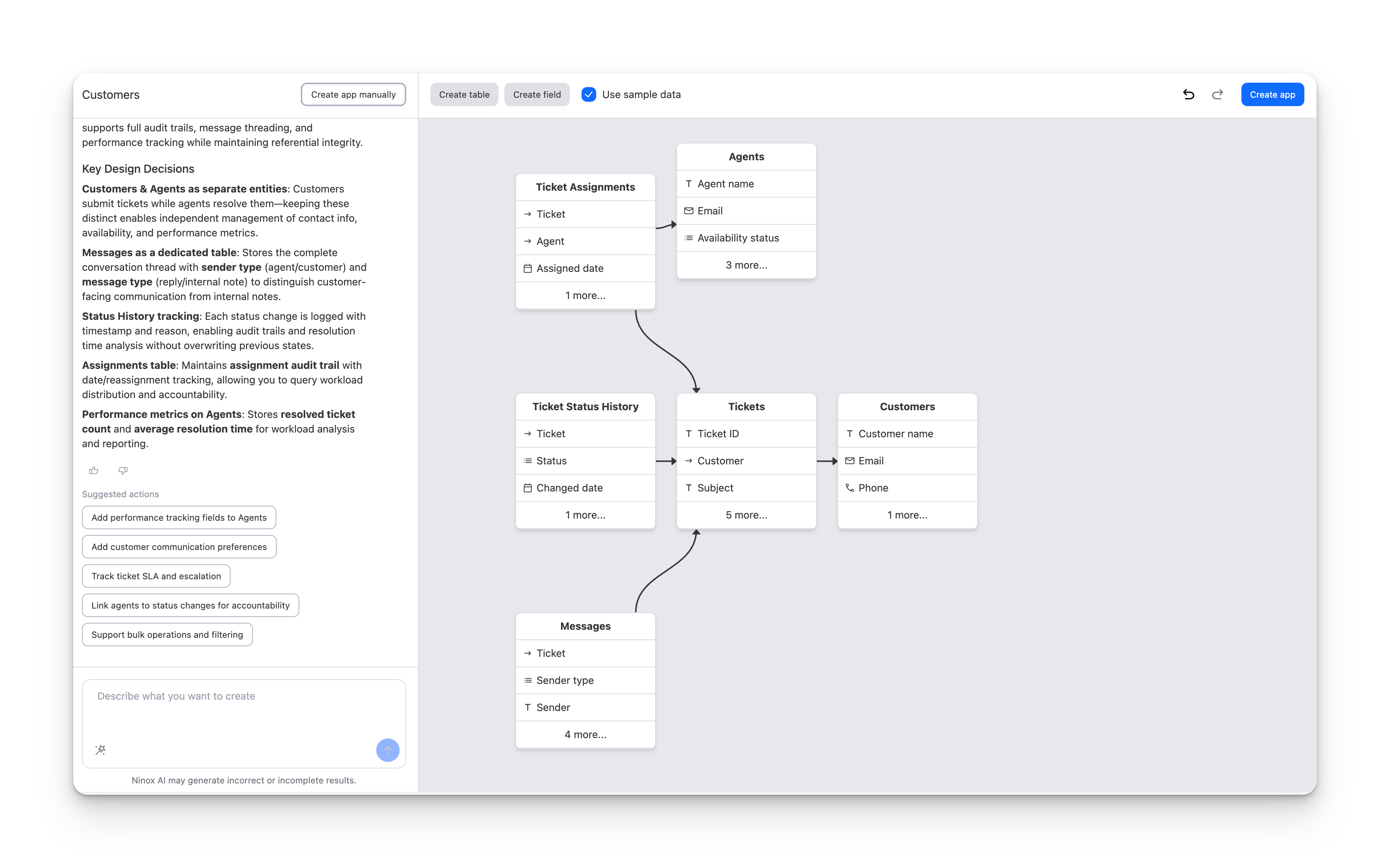 Ninox AI onboarding interface: user types a database description, AI generates the structure, user edits the result