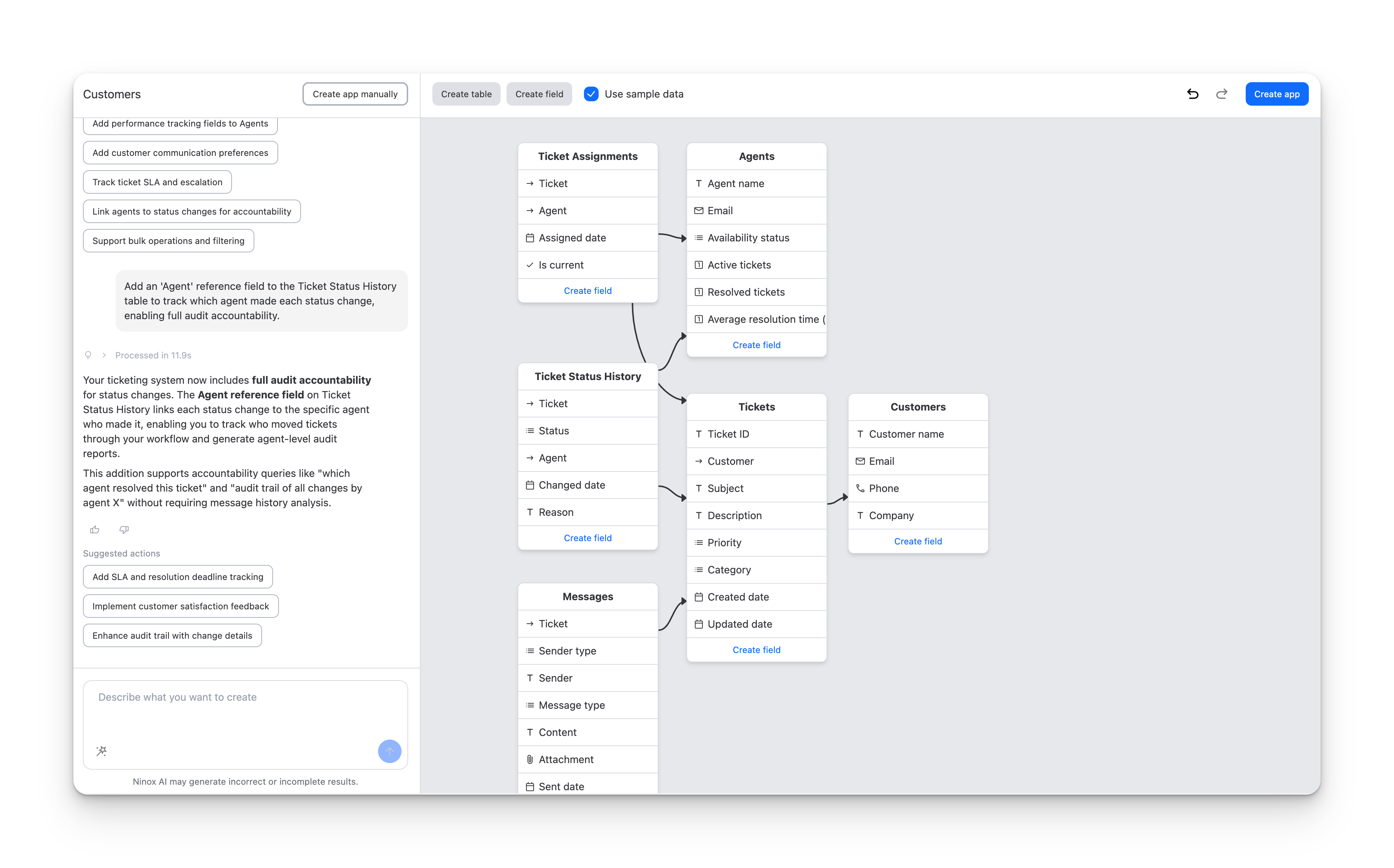 The AI builder showing both the chat panel (with iterative edits) and the visual data model with editable table cards