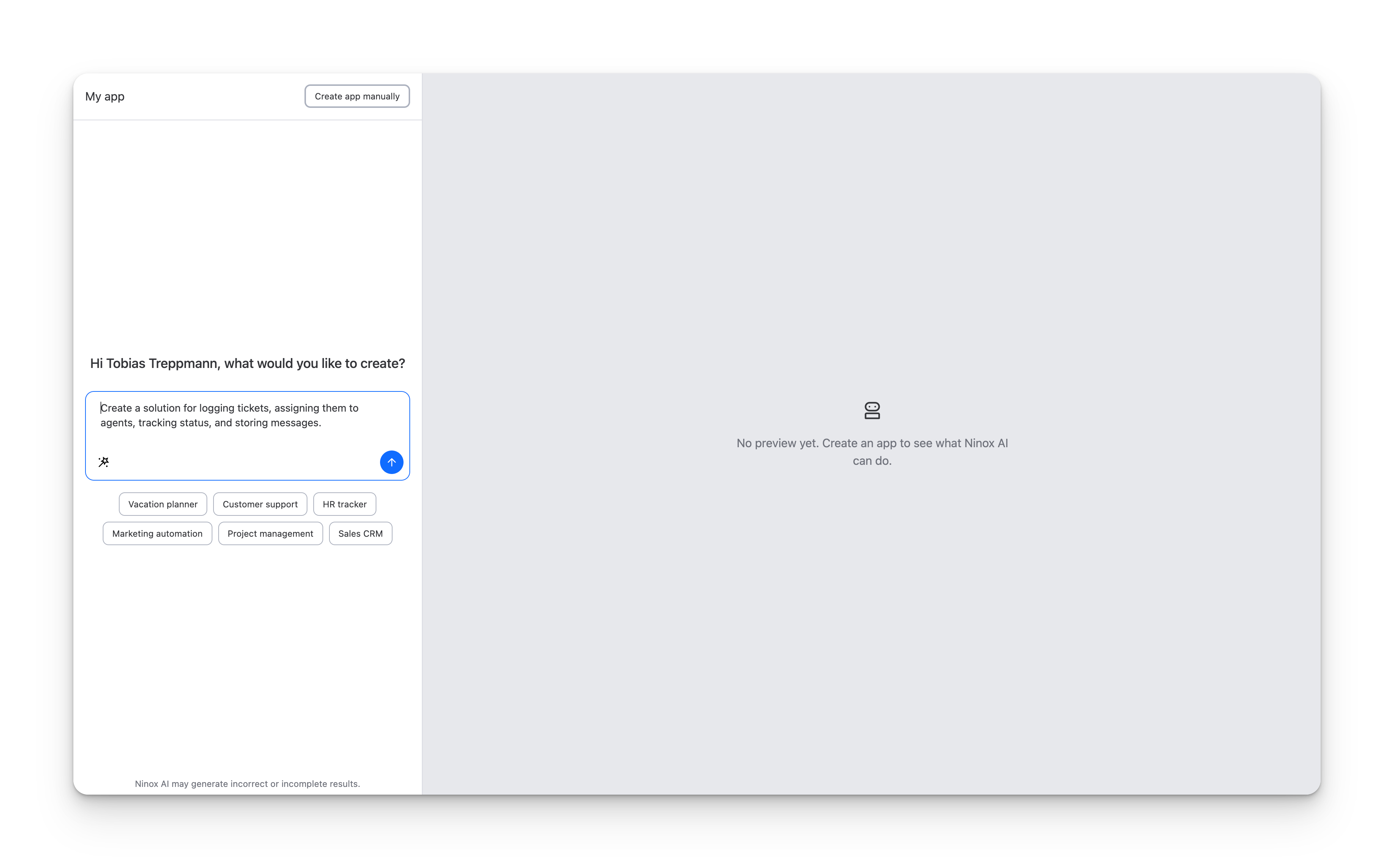 Ninox AI onboarding: the prompt input screen, with category suggestions and an empty preview panel