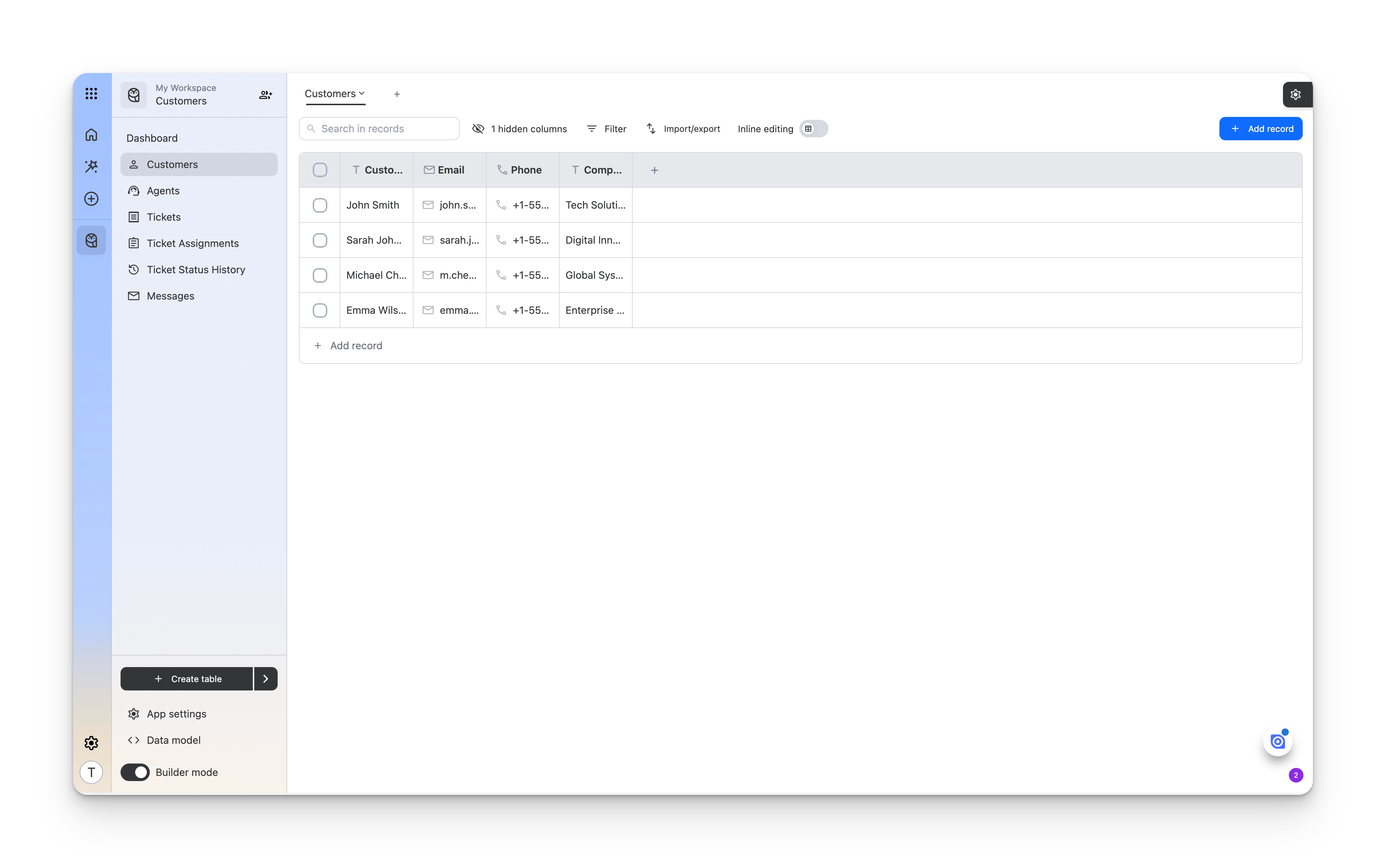 The generated schema running as a normal Ninox app, in the standard builder UI with the sidebar tables and Builder mode toggle